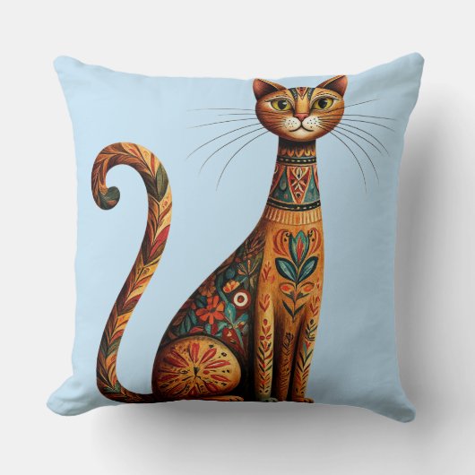 Boho Tribal Cat Cute Folk Art with Flowers クッション (正面)