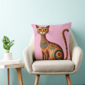 Boho Tribal Cat Cute Folk Art with Flowers クッション (椅子)
