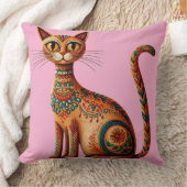Boho Tribal Cat Cute Folk Art with Flowers クッション (ブランケット)
