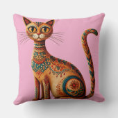 Boho Tribal Cat Cute Folk Art with Flowers クッション (裏面)