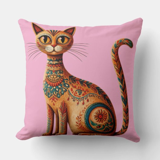 Boho Tribal Cat Cute Folk Art with Flowers クッション (正面)