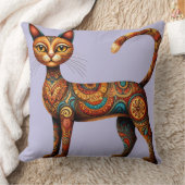 Boho Tribal Cat Cute Folk Art with Flowers クッション (ブランケット)
