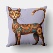 Boho Tribal Cat Cute Folk Art with Flowers クッション (裏面)