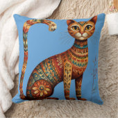 Boho Tribal Cat Cute Folk Art with Flowers クッション (ブランケット)