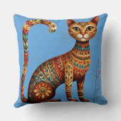 Boho Tribal Cat Cute Folk Art with Flowers クッション (裏面)