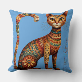 Boho Tribal Cat Cute Folk Art with Flowers クッション
