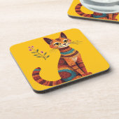 Boho Tribal Cat Cute Folk Art with Flowers コースター (左側)