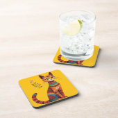 Boho Tribal Cat Cute Folk Art with Flowers コースター (右側)