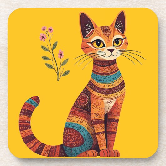 Boho Tribal Cat Cute Folk Art with Flowers コースター (正面)