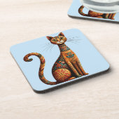 Boho Tribal Cat Cute Folk Art with Flowers コースター (左側)