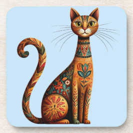 Boho Tribal Cat Cute Folk Art with Flowers コースター