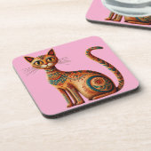 Boho Tribal Cat Cute Folk Art with Flowers コースター (左側)
