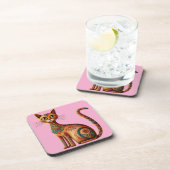 Boho Tribal Cat Cute Folk Art with Flowers コースター (右側)