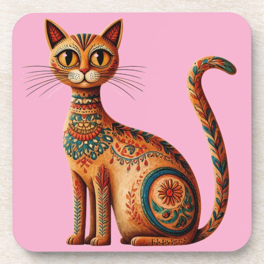 Boho Tribal Cat Cute Folk Art with Flowers コースター (正面)