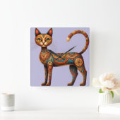 Boho Tribal Cat Cute Folk Art with Flowers スクエア壁時計 (ホーム)