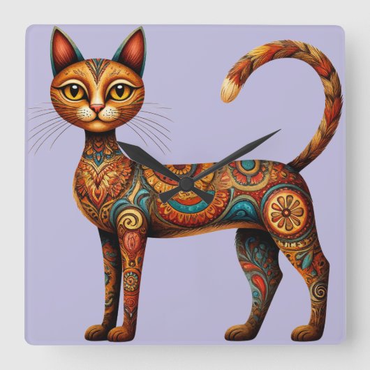 Boho Tribal Cat Cute Folk Art with Flowers スクエア壁時計 (正面)