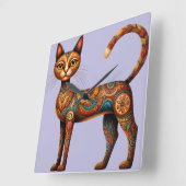 Boho Tribal Cat Cute Folk Art with Flowers スクエア壁時計 (傾斜)