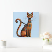 Boho Tribal Cat Cute Folk Art with Flowers スクエア壁時計 (ホーム)