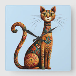 Boho Tribal Cat Cute Folk Art with Flowers スクエア壁時計