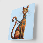 Boho Tribal Cat Cute Folk Art with Flowers スクエア壁時計 (傾斜)