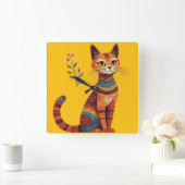 Boho Tribal Cat Cute Folk Art with Flowers スクエア壁時計 (ホーム)