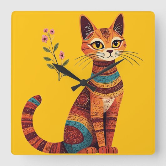 Boho Tribal Cat Cute Folk Art with Flowers スクエア壁時計 (正面)