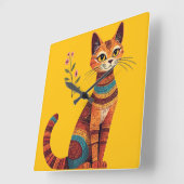 Boho Tribal Cat Cute Folk Art with Flowers スクエア壁時計 (傾斜)
