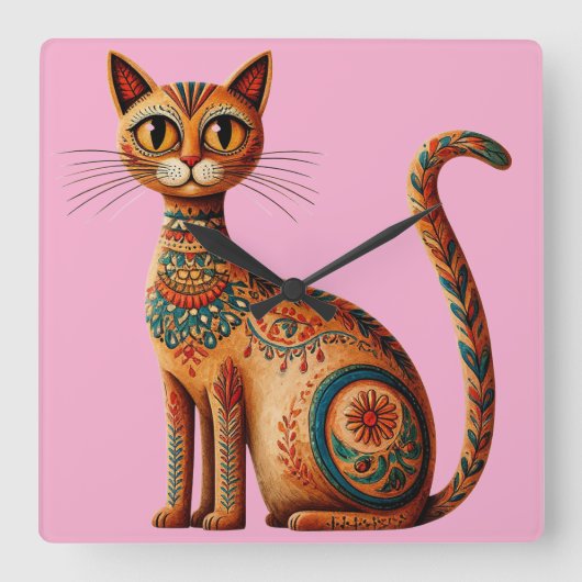 Boho Tribal Cat Cute Folk Art with Flowers スクエア壁時計 (正面)