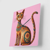 Boho Tribal Cat Cute Folk Art with Flowers スクエア壁時計 (傾斜)
