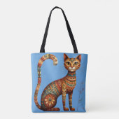 Boho Tribal Cat Cute Folk Art with Flowers トートバッグ (裏面)