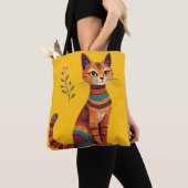 Boho Tribal Cat Cute Folk Art with Flowers トートバッグ (クローズアップ)