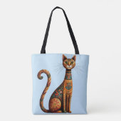 Boho Tribal Cat Cute Folk Art with Flowers トートバッグ (裏面)