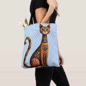 Boho Tribal Cat Cute Folk Art with Flowers トートバッグ (クローズアップ)