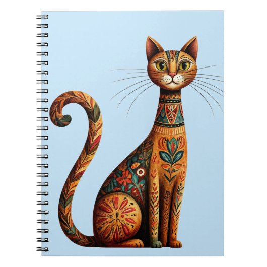 Boho Tribal Cat Cute Folk Art with Flowers ノートブック (正面)