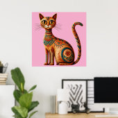 Boho Tribal Cat Cute Folk Art with Flowers ポスター (ホームオフィス)
