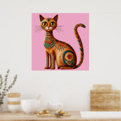 Boho Tribal Cat Cute Folk Art with Flowers ポスター (キッチン)
