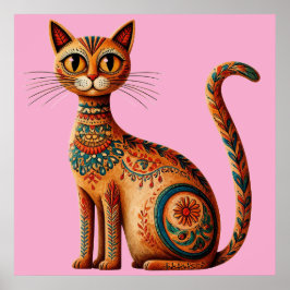 Boho Tribal Cat Cute Folk Art with Flowers ポスター