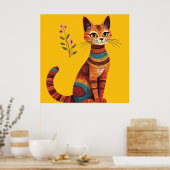 Boho Tribal Cat Cute Folk Art with Flowers ポスター (キッチン)