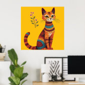 Boho Tribal Cat Cute Folk Art with Flowers ポスター (ホームオフィス)