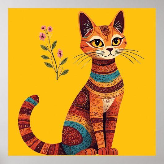 Boho Tribal Cat Cute Folk Art with Flowers ポスター (正面)