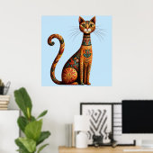 Boho Tribal Cat Cute Folk Art with Flowers ポスター (ホームオフィス)