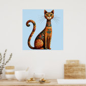 Boho Tribal Cat Cute Folk Art with Flowers ポスター (キッチン)