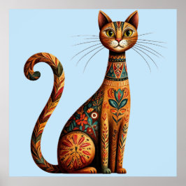 Boho Tribal Cat Cute Folk Art with Flowers ポスター