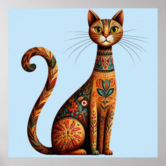 Boho Tribal Cat Cute Folk Art with Flowers ポスター (正面)