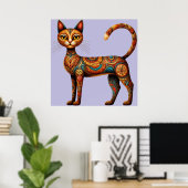 Boho Tribal Cat Cute Folk Art with Flowers ポスター (ホームオフィス)