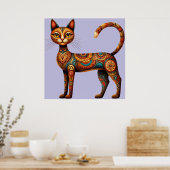 Boho Tribal Cat Cute Folk Art with Flowers ポスター (キッチン)