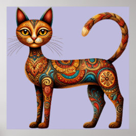 Boho Tribal Cat Cute Folk Art with Flowers ポスター