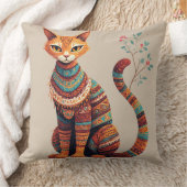 Boho Tribal Cat Illustration Cute Folk Art Design クッション (ブランケット)