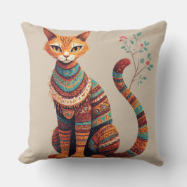 Boho Tribal Cat Illustration Cute Folk Art Design クッション