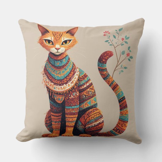 Boho Tribal Cat Illustration Cute Folk Art Design クッション (正面)